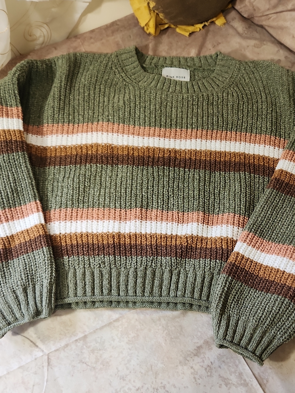 Pink Rose Green Striped Ribbed Crewneck Sweater